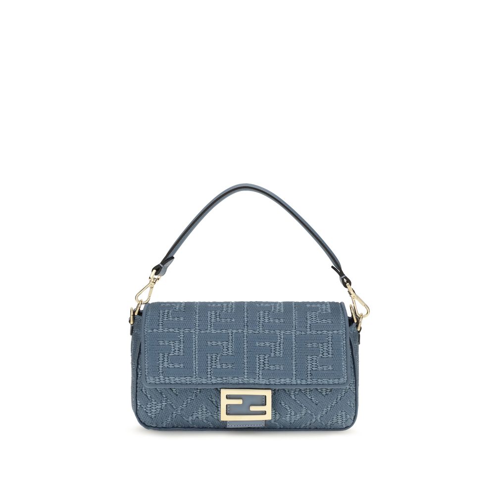 Medium Woven Raffia Shoulder Bag With FF Embroidery