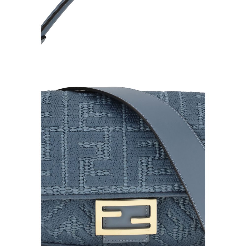 Medium Woven Raffia Shoulder Bag With FF Embroidery