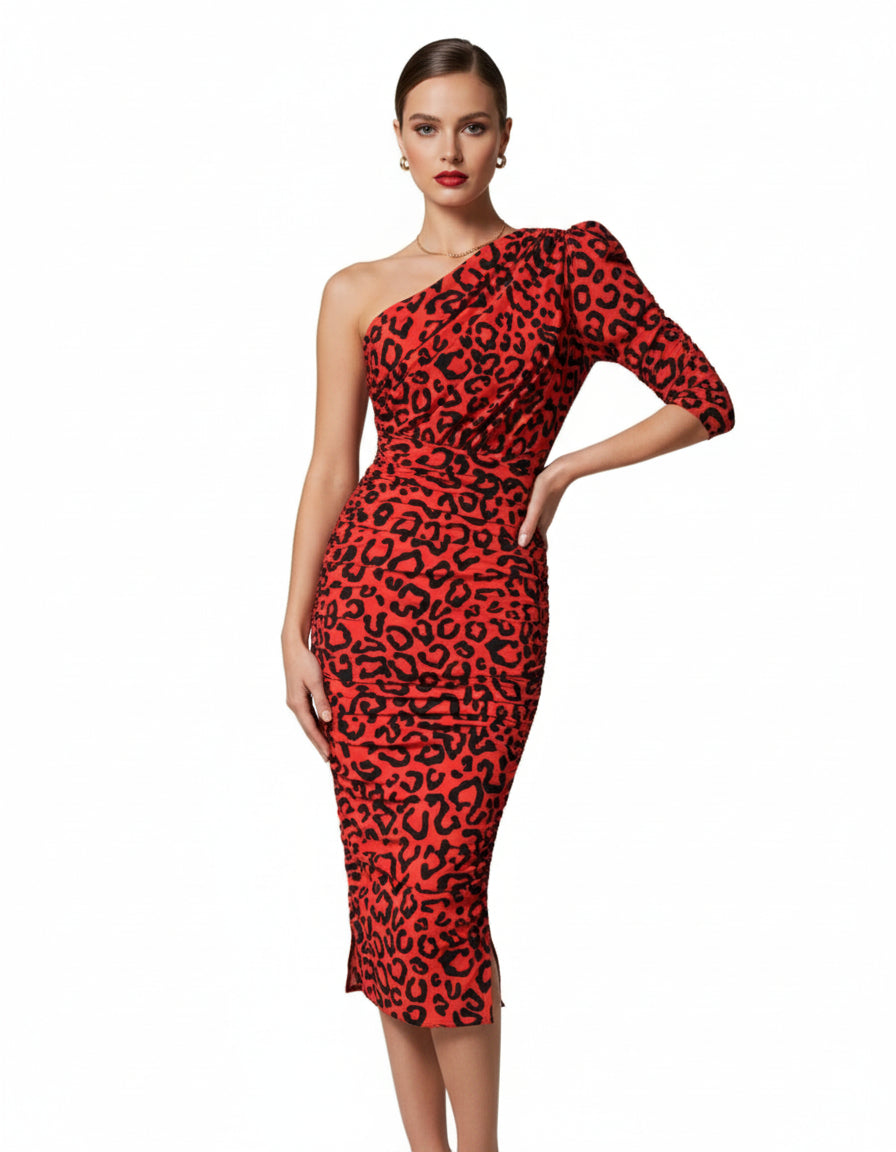 Red Leopard Print Nylon Sheath Midi Dress