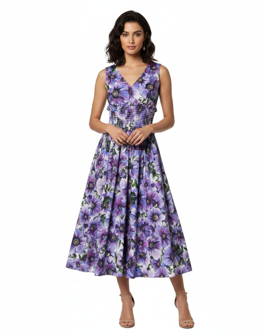Purple Anemone Print Pleated Midi Dress