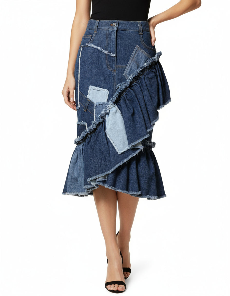 Blue Patchwork Layered Denim Midi Skirt