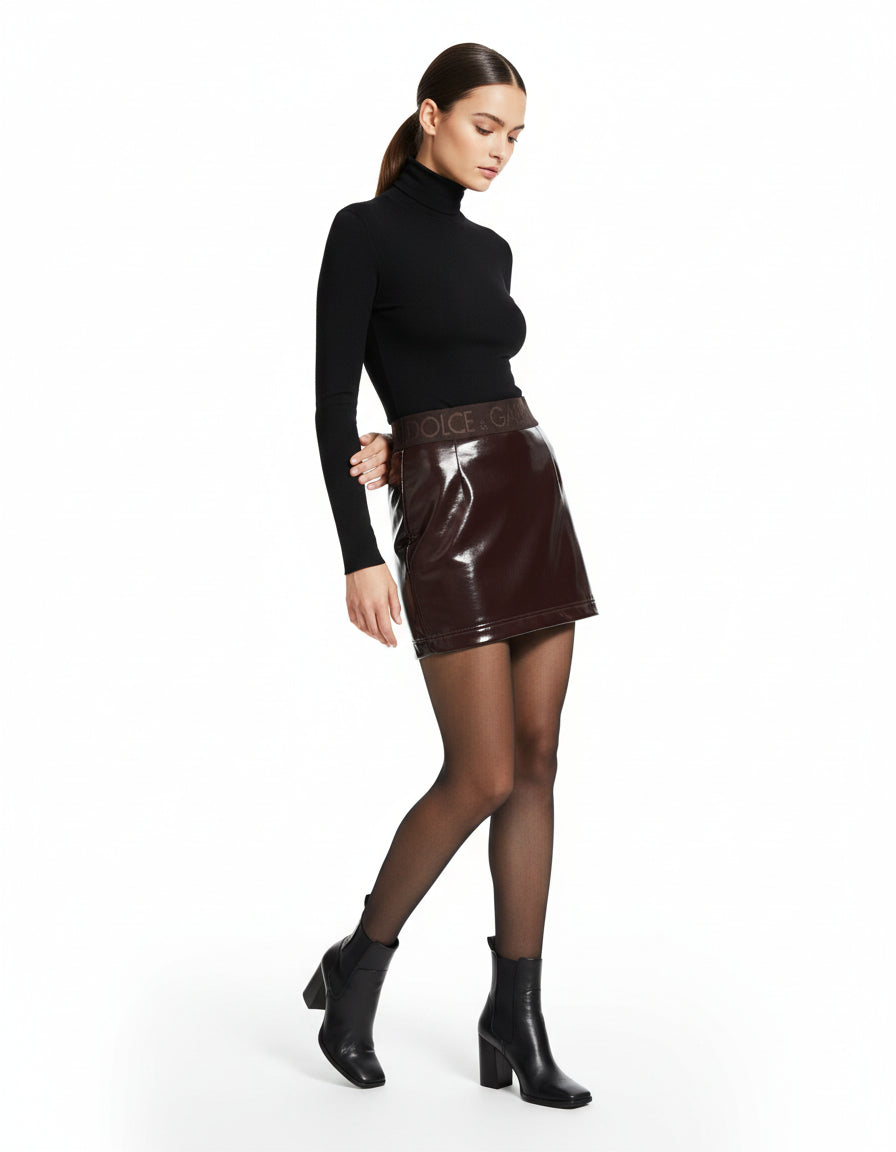 Dark Brown Cotton Fitted High Waist Mini Skirt