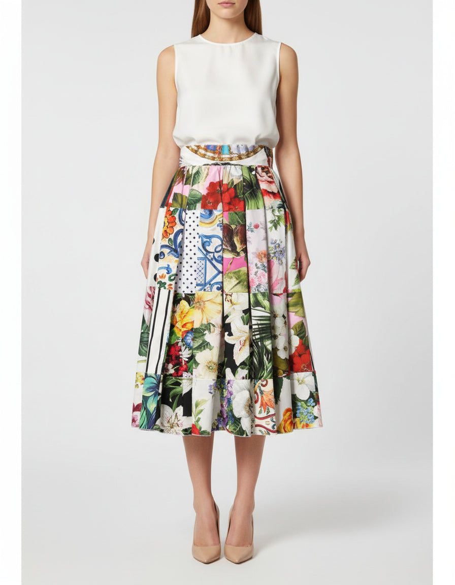 Multicolor Patchwork High Waist Midi Skirt
