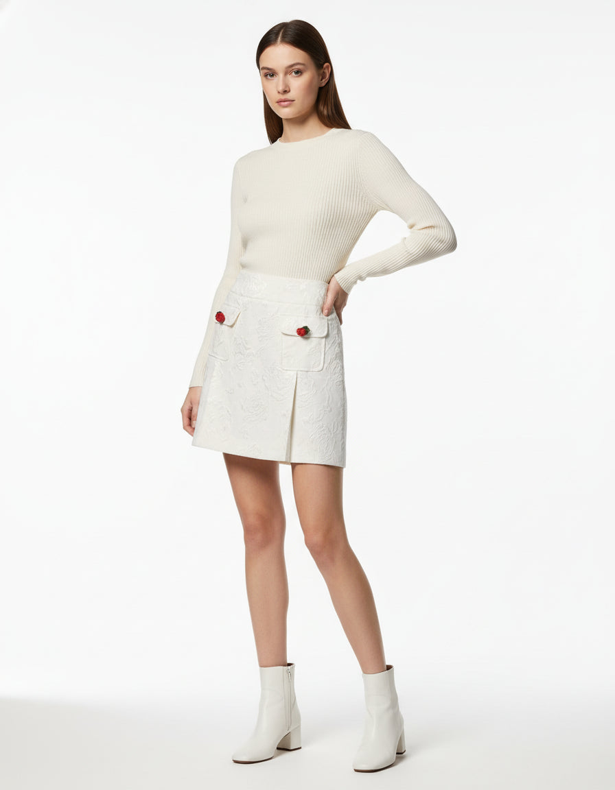 White Floral Brocade High Waist Mini Skirt