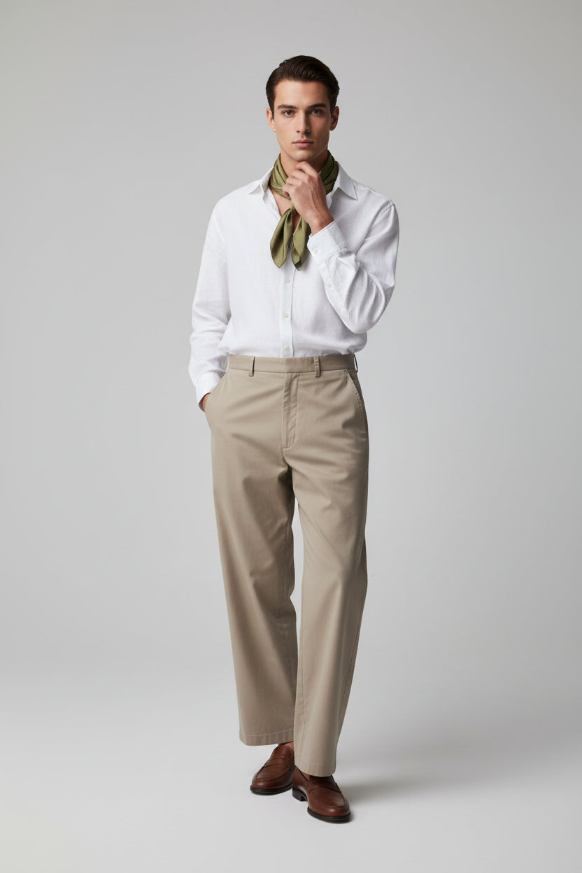 Beige Cotton Casual Pants