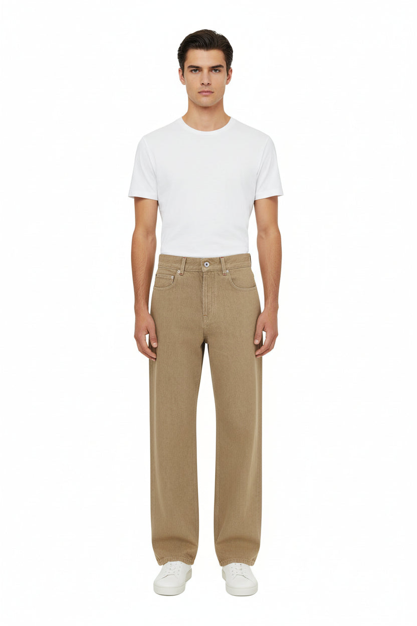 Beige Cotton Straight-Leg Jeans