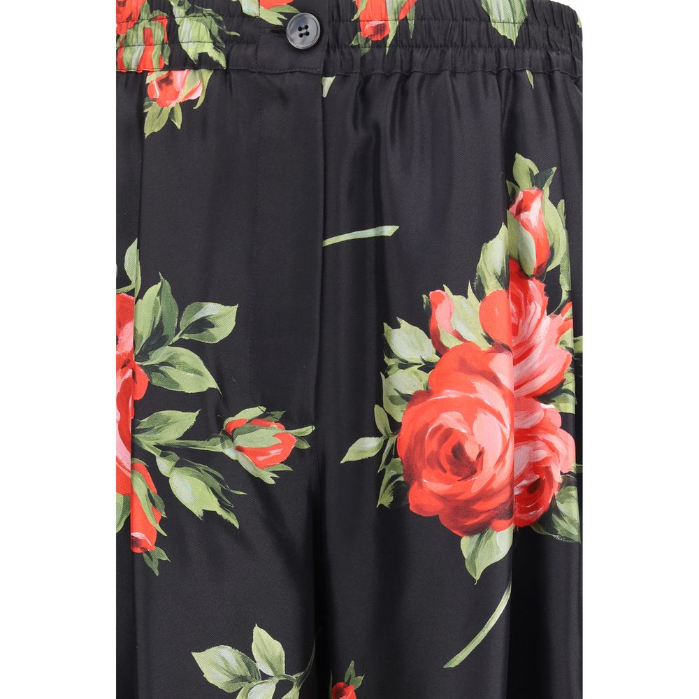 Wide-Leg Pants With Rose Bouquet Print