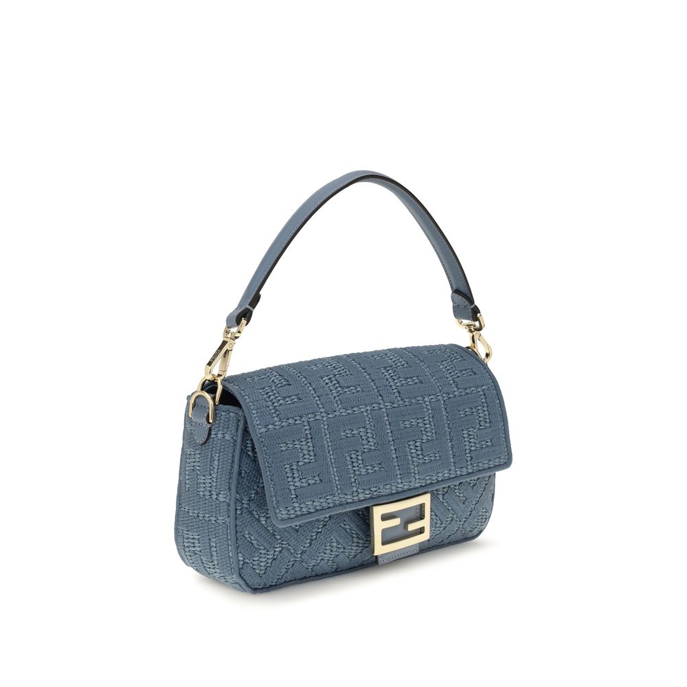 Medium Woven Raffia Shoulder Bag With FF Embroidery